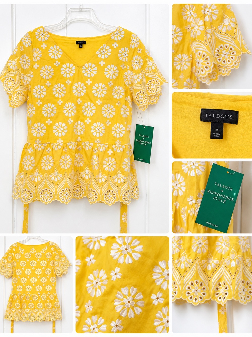Talbots Yellow Eyelet Embroidered Peplum Top